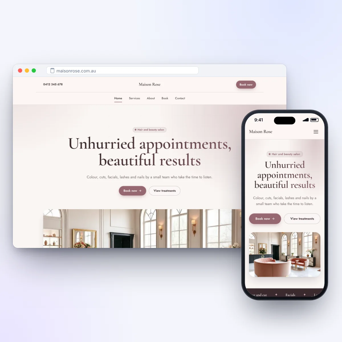 A beauty salon's website on a laptop and a phone