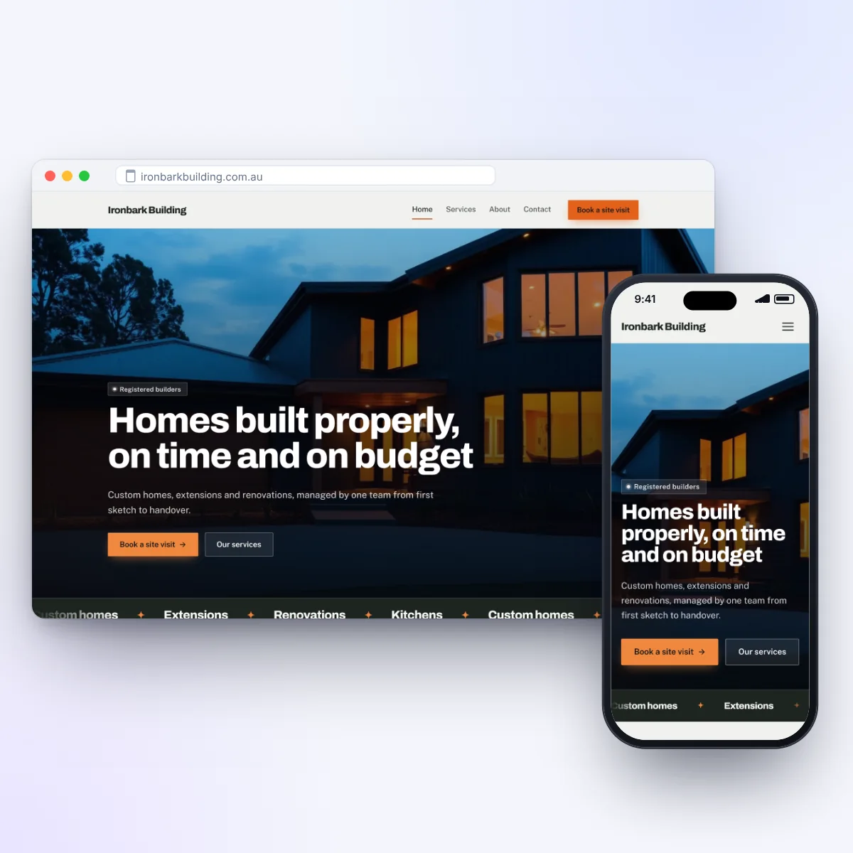 A builder's website on a laptop and a phone