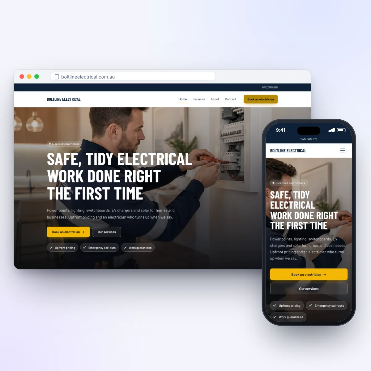 An electrician's website on a laptop and a phone