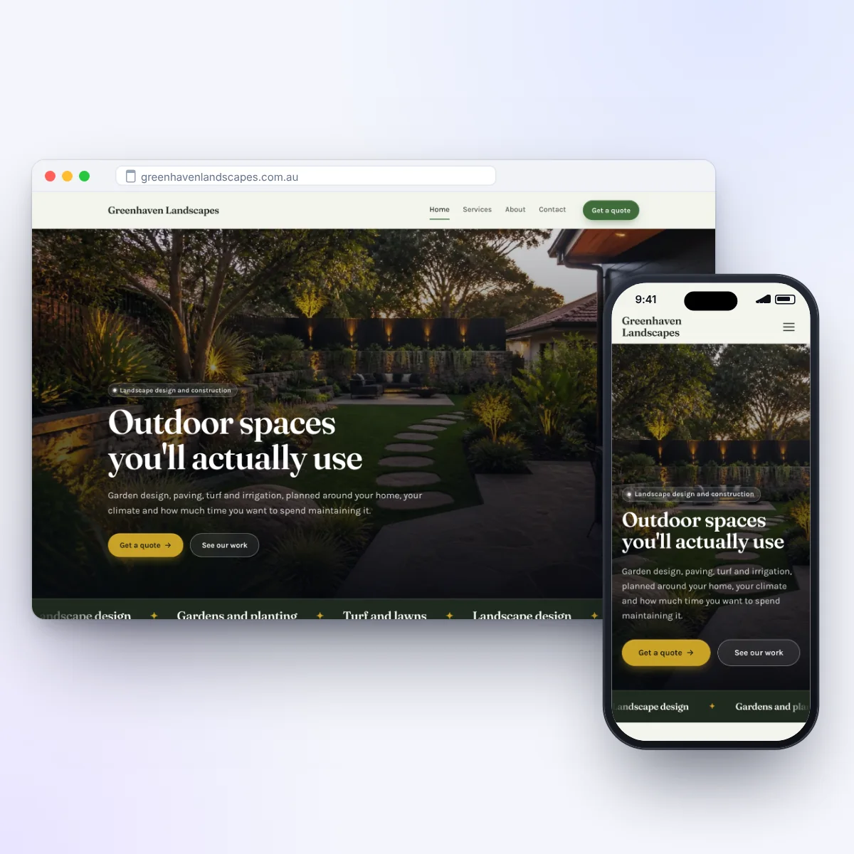 A landscaper's website on a laptop and a phone