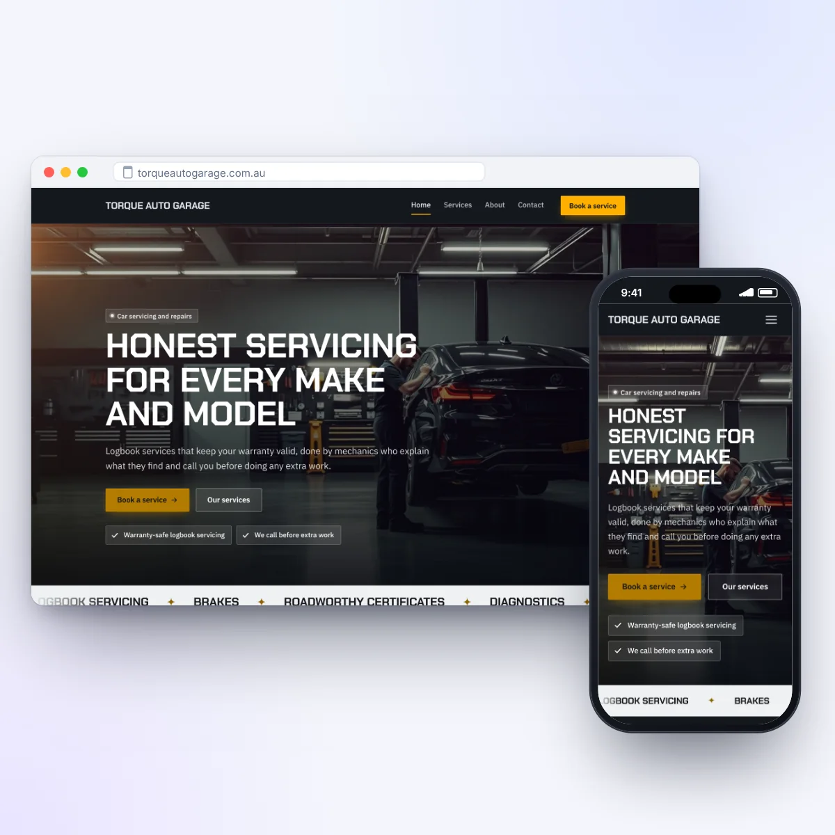 A mechanic's website on a laptop and a phone