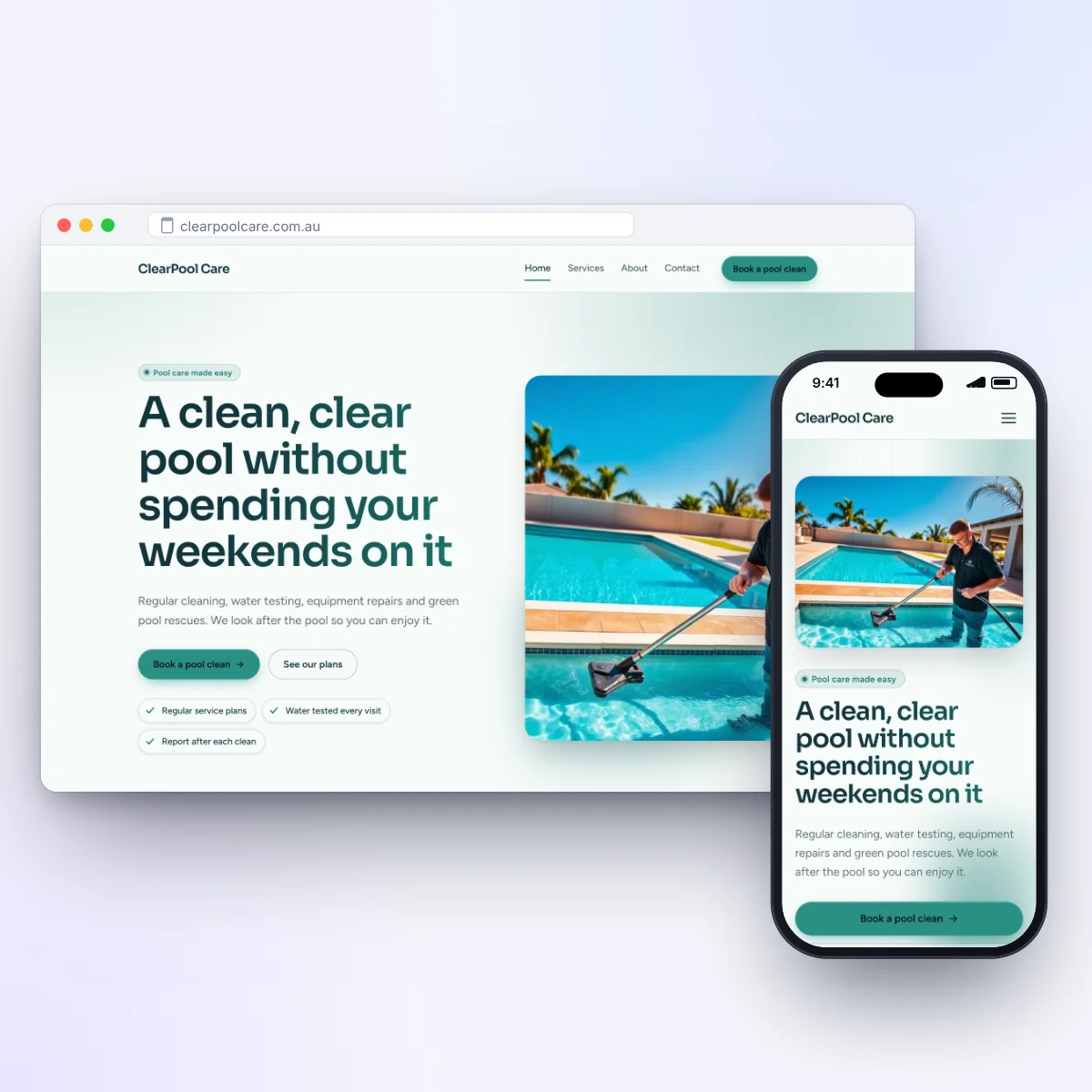 A pool care website on a laptop and a phone