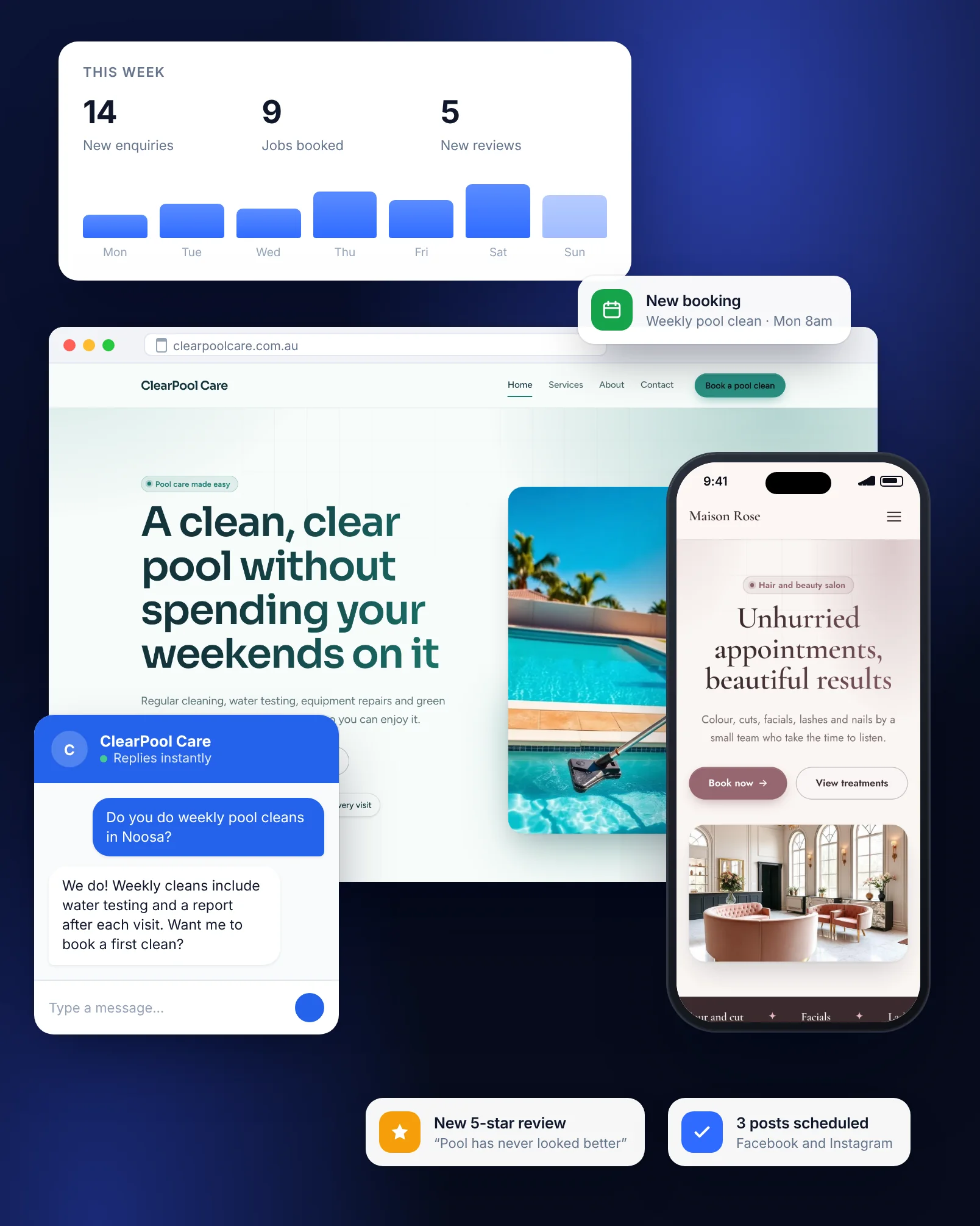 A local business website with an AI chat assistant, a weekly results summary and new booking alerts
