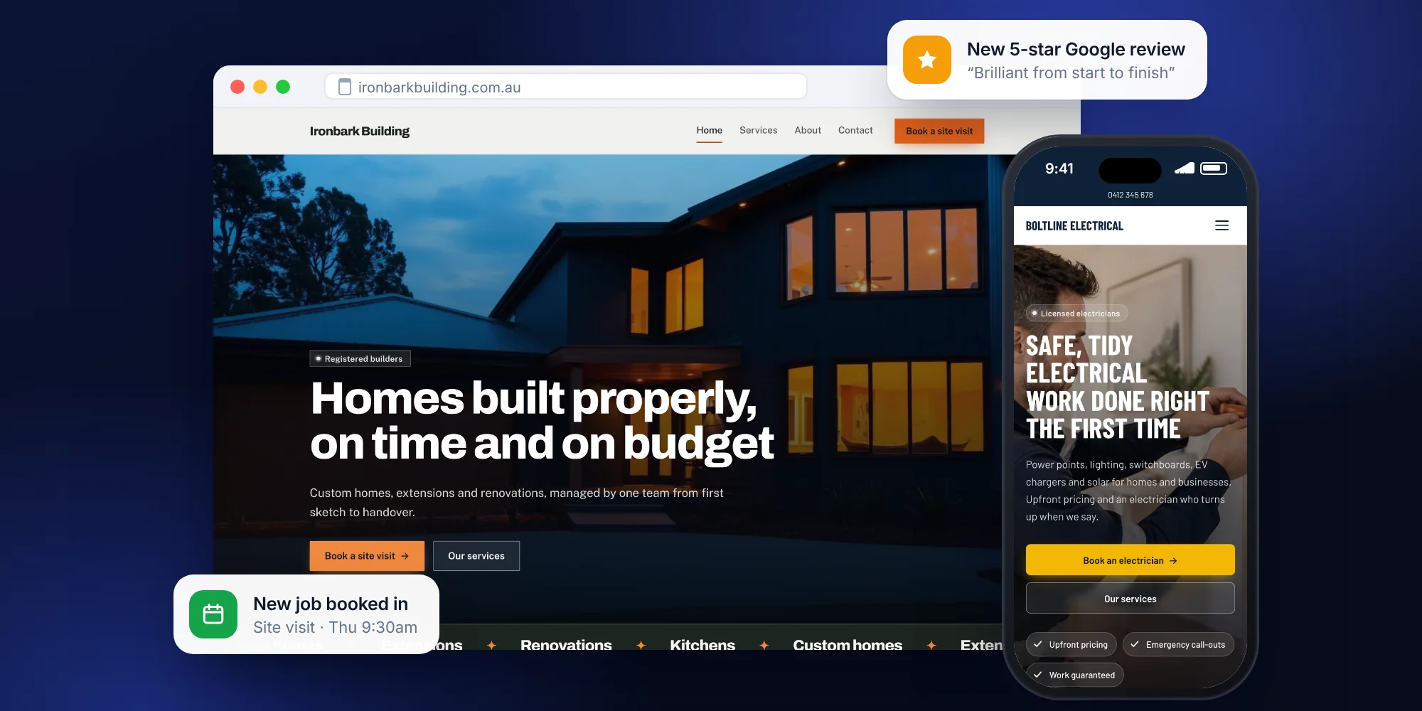 Websites built for local businesses, shown on a laptop and a phone, with a new booking and a five-star review