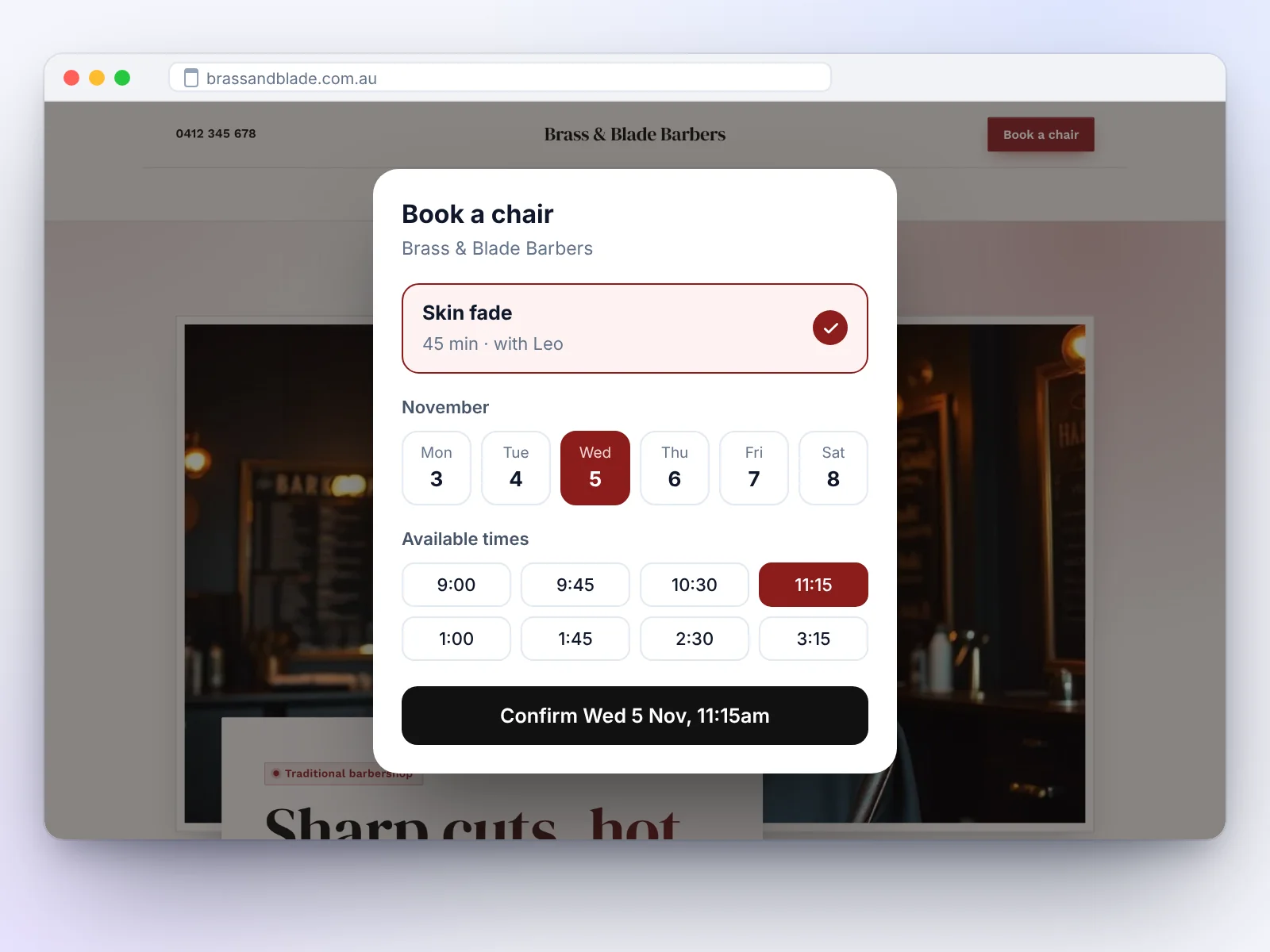 An online booking calendar with time slots