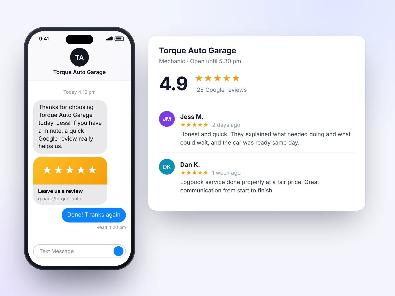 A review request text message and new five-star reviews