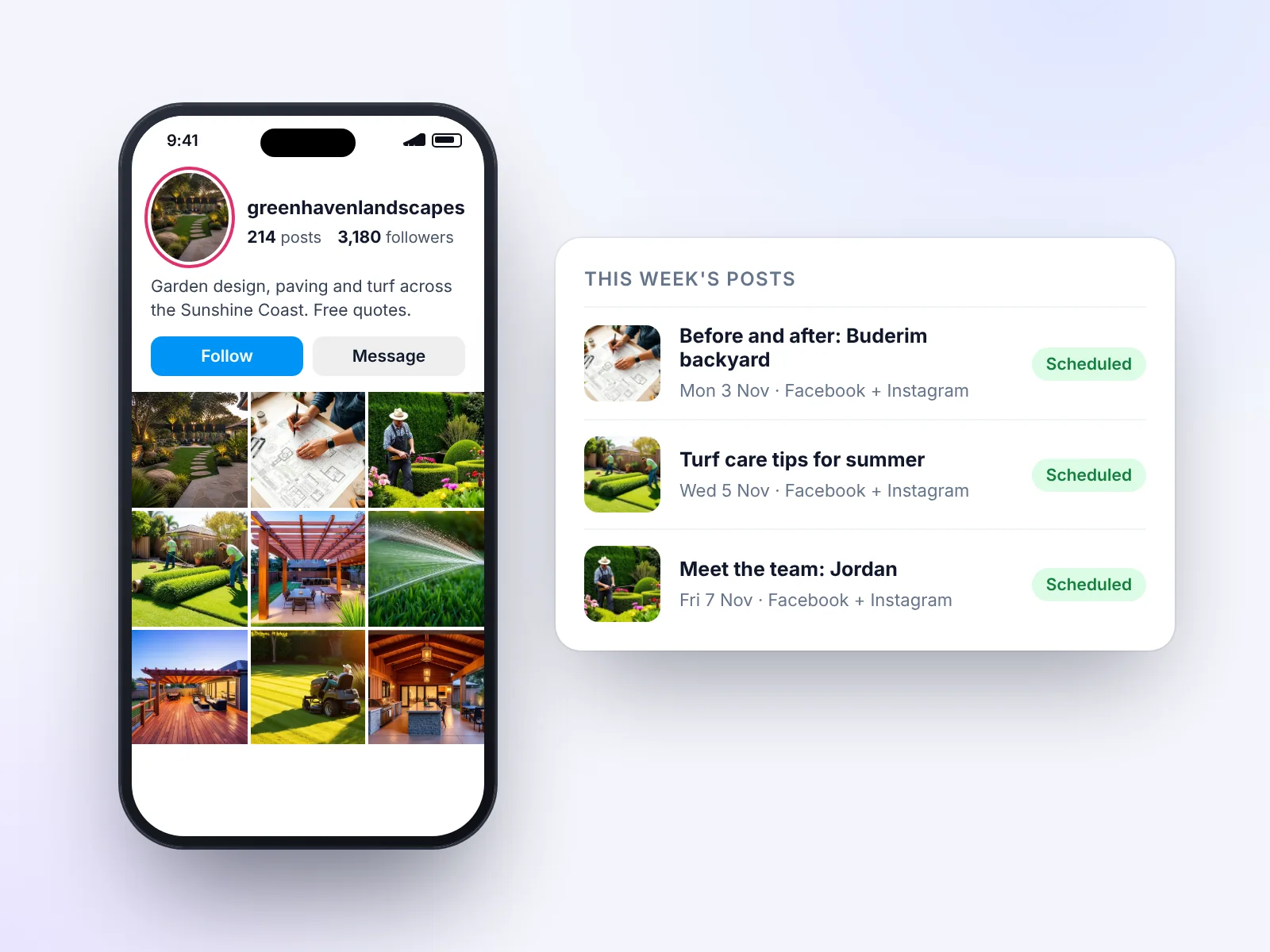 A grid of social media posts and a weekly post schedule