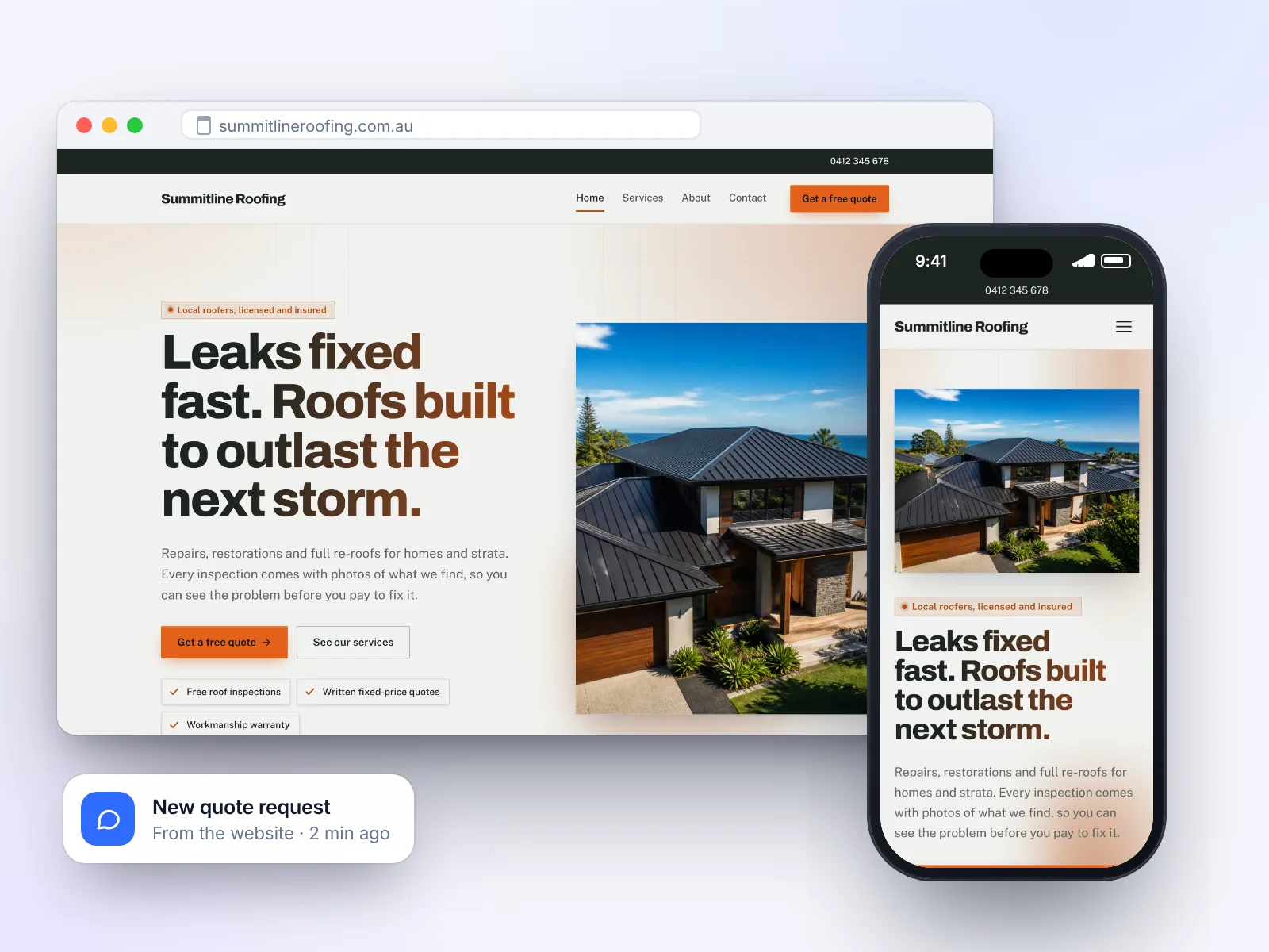 A tradie website shown on a laptop and a phone